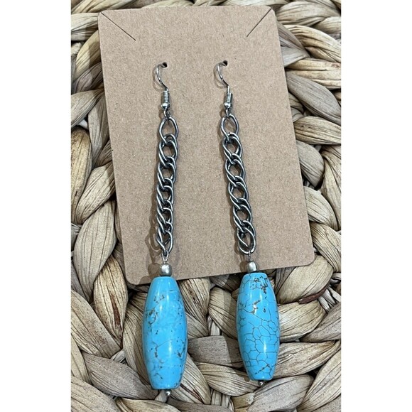 Victorian Turquoise Blue Sleeping Beauty Dangle Chain Link Steel Earrings - Picture 4 of 6